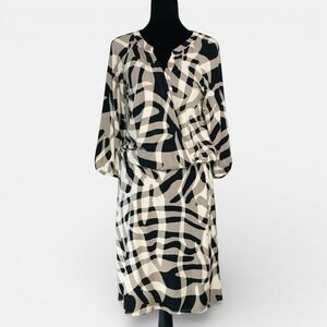 Tommy Bahama Womens XS Abstract Print Faux Wrap Dress Black Tan 3/4 Sleeve VNeck